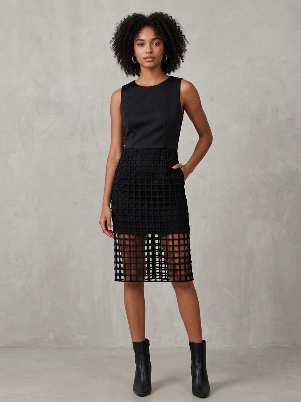JOA Los Angeles Black Caged Overlay Midi Dress Sleeveless Mesh Grid Cutout Sz M